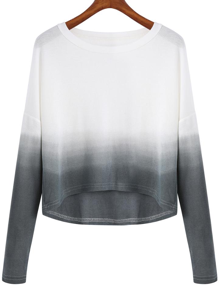 Romwe Grey White Ombre Round Neck Crop Knitwear