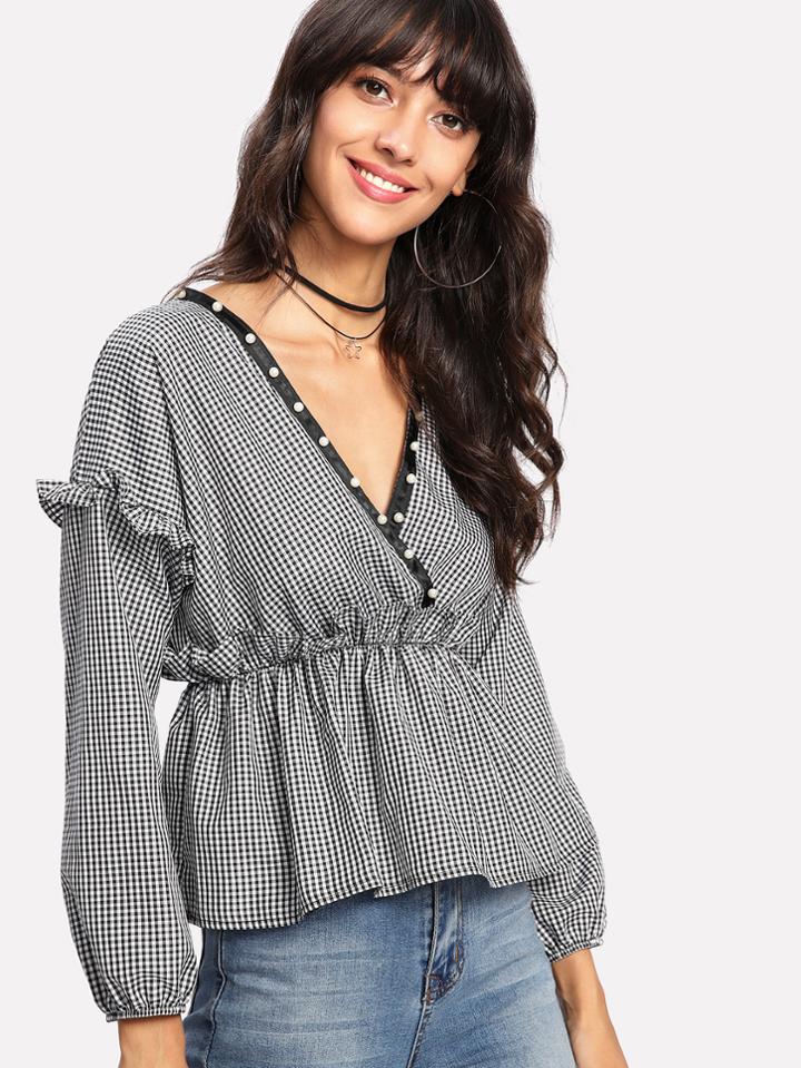 Romwe Frill Trim Pearl Beaded Neck Checked Top