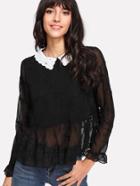 Romwe Contrast Eyelet Embroidered Collar Ruff Hem Blouse