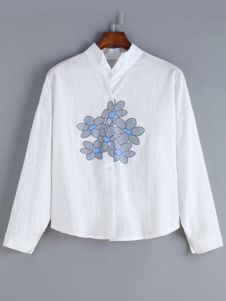 Romwe Stand Collar Floral Crop Blouse