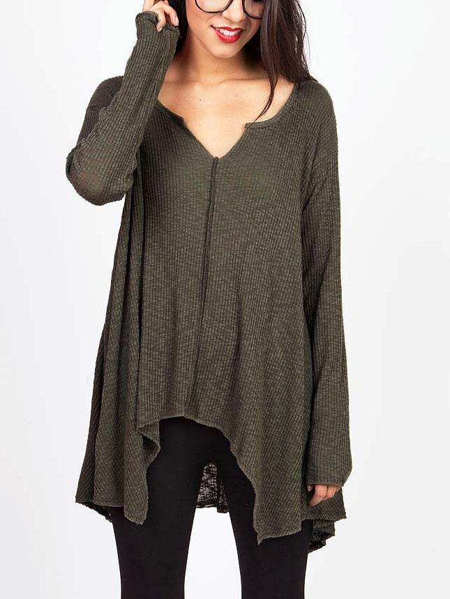 Romwe Army Green Ribbed Asymmetric T-shirt