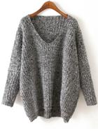 Romwe V Neck Chunky Knit Black And Grey Dolman Sweater