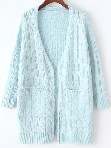 Romwe Long Sleeve Cable Knit Pockets Blue Coat
