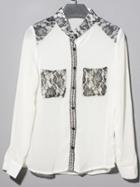 Romwe Stand Collar Contrast Lace White Blouse