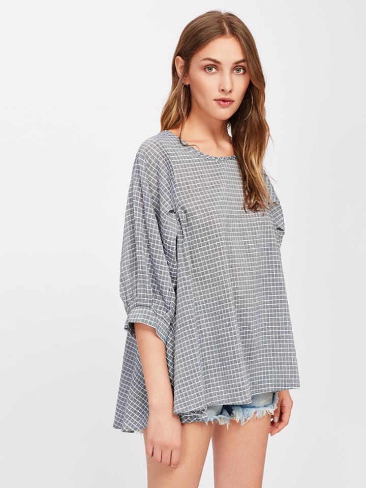 Romwe Grid Dip Hem Blouse