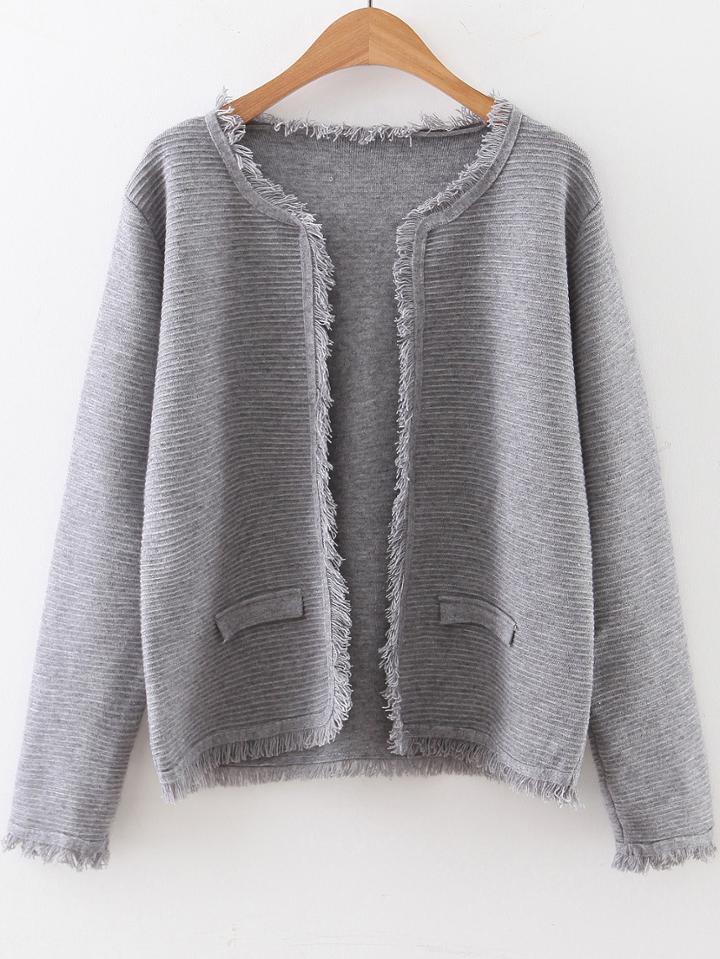 Romwe Grey Fringe Trim Open Front Sweater Coat