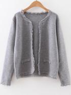 Romwe Grey Fringe Trim Open Front Sweater Coat