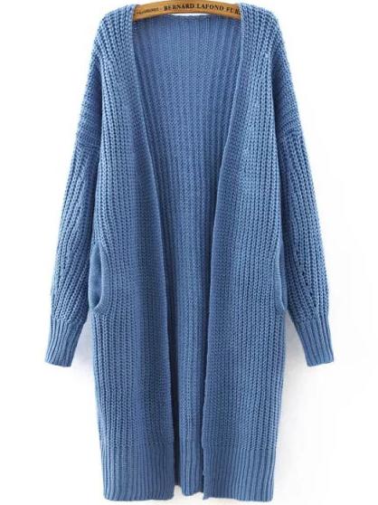 Romwe Long Sleeve Pockets Blue Coat
