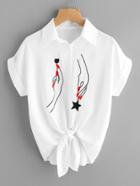 Romwe Hand Embroidered Knot Front Cuffed Shirt