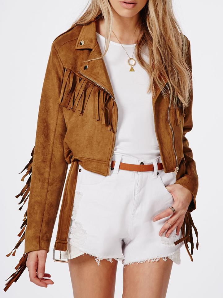 Romwe Brown Long Sleeve Laple Tassel Jacket