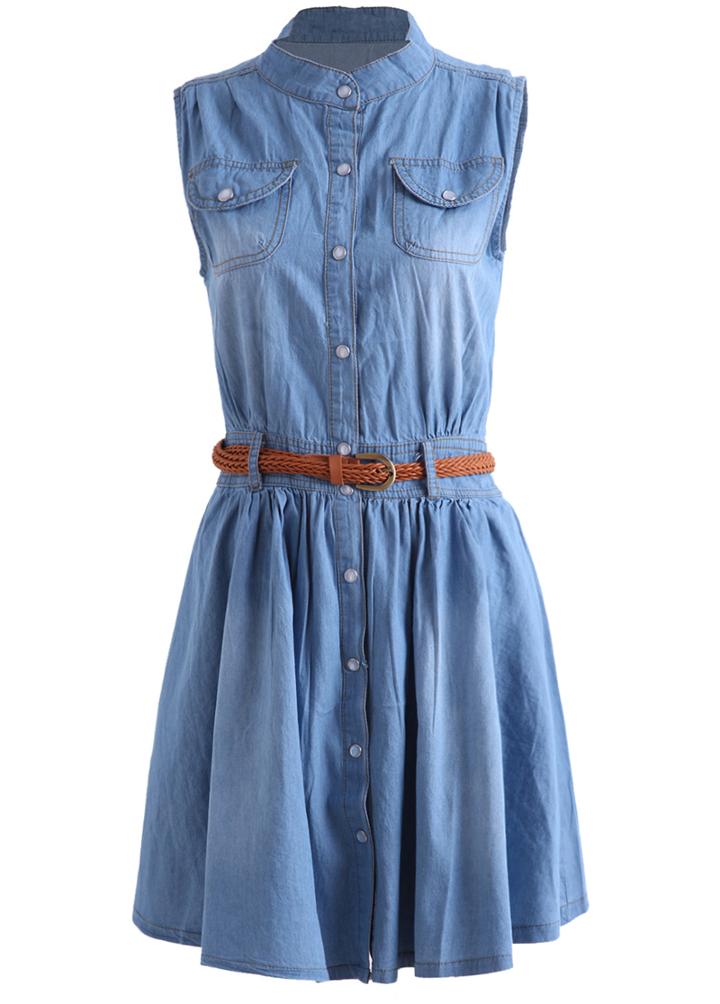 Romwe Stand Collar With Pockets Denim Shirt Dress