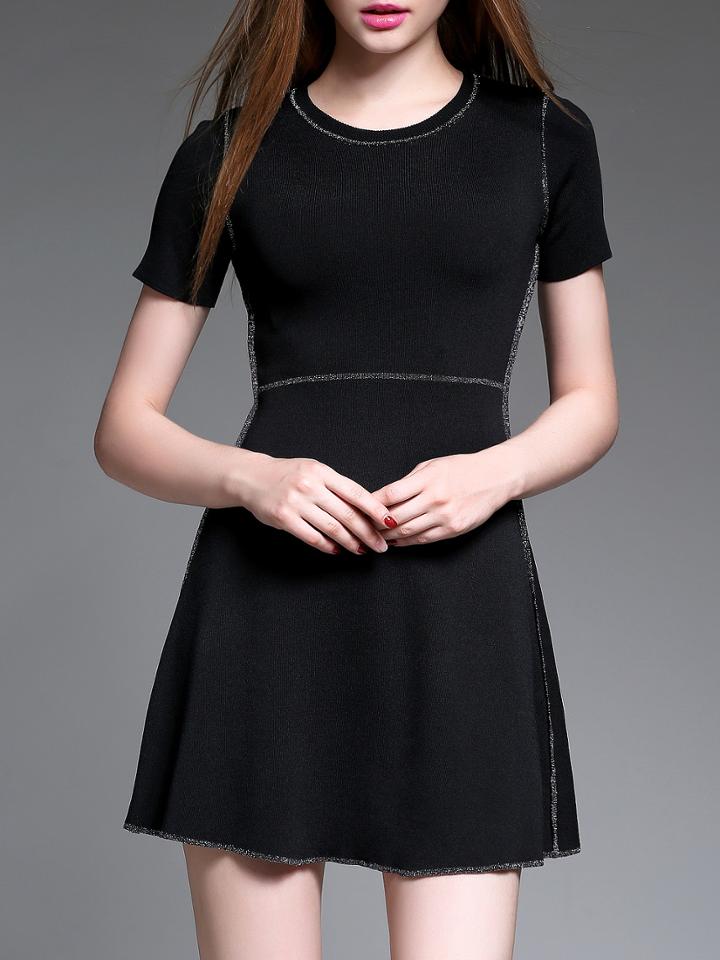 Romwe Black Crew Neck Knit A-line Dress