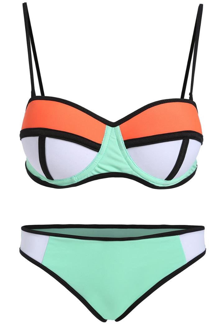 Romwe Green Spaghetti Strap Contrast Trims Bikini Set