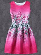 Romwe Floral Print Fit & Flare Dress - Hot Pink
