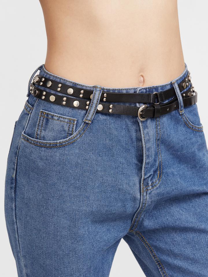 Romwe Black Studded Double Layer Skinny Leather Belt
