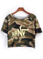 Romwe Army Green Short Sleeve Camouflage Print Crop T-shirt