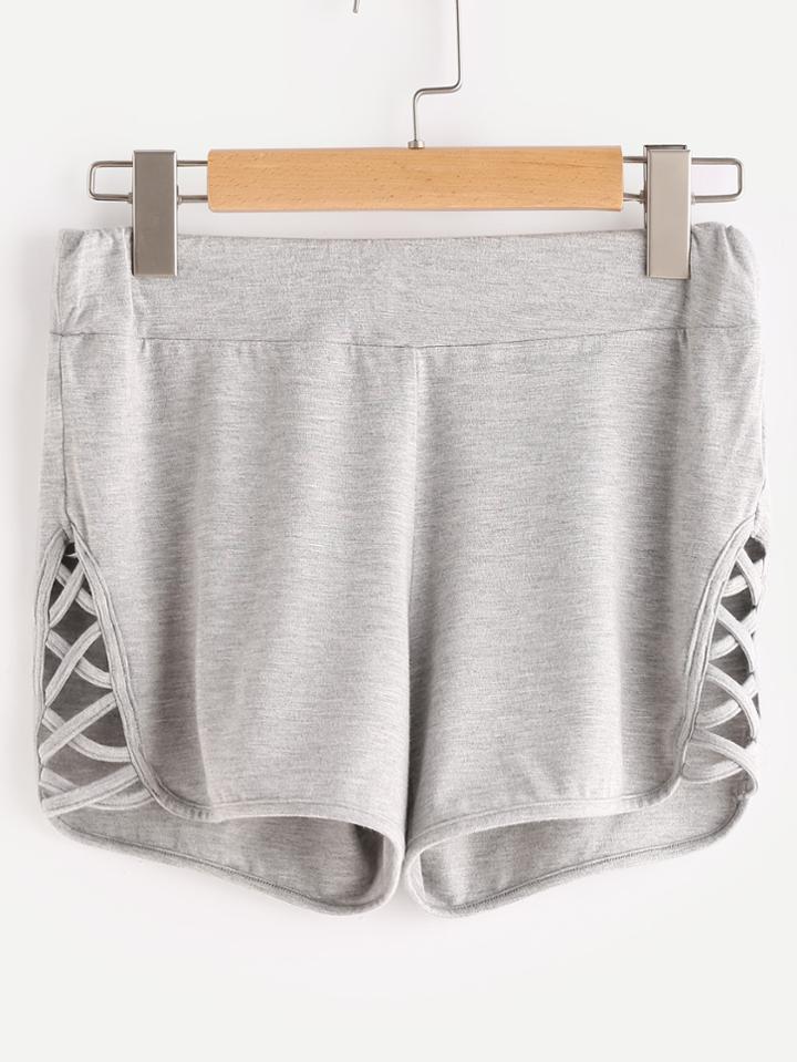 Romwe Crisscross Dolphin Hem Heathered Active Shorts