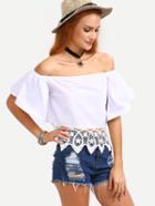 Romwe Lace Trimmed Off-the-shoulder Bell Sleeve Top - White