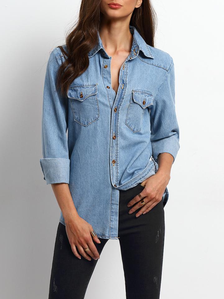 Romwe Blue Lapel Pockets Boyfriend Denim Blouse