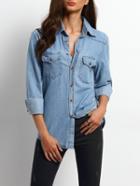 Romwe Blue Lapel Pockets Boyfriend Denim Blouse