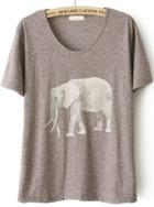 Romwe Elephant Print Loose Grey T-shirt