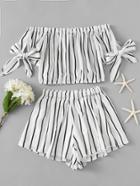 Romwe Bardot Striped Bow Tie Sleeve Crop Top With Shorts