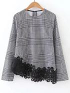 Romwe Black And White Embroidered Lace Trim Asymmetric Houndstooth Top