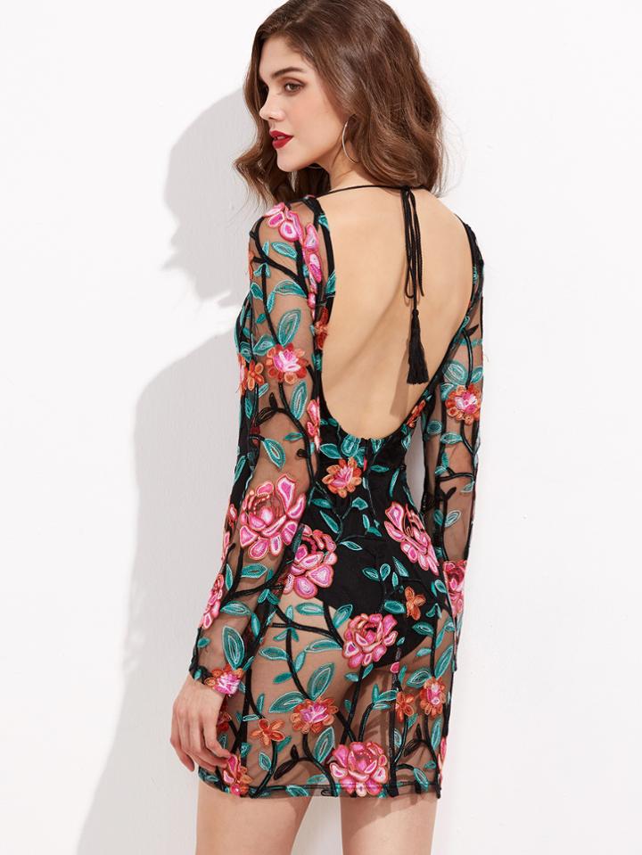 Romwe Black Tied Scoop Back Embroidered Mesh Overlay Bodycon Dress