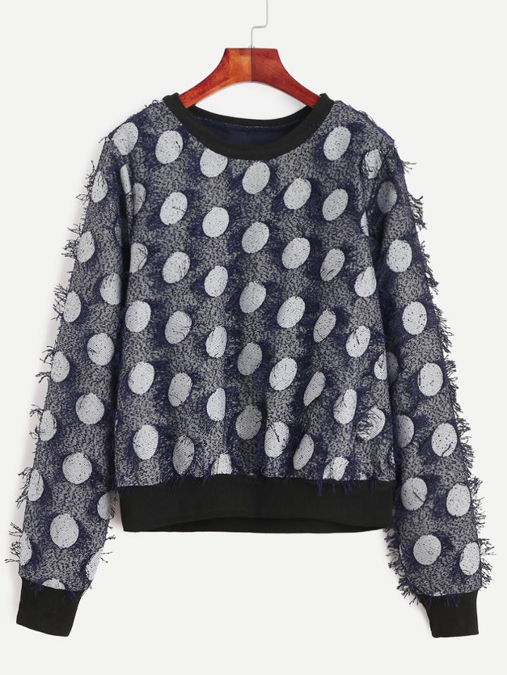 Romwe Navy Contrast Trim Polka Dot Jacquard Fringe Sweatshirt