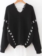 Romwe Black V Neck Lace Up Drop Shoulder Sweater