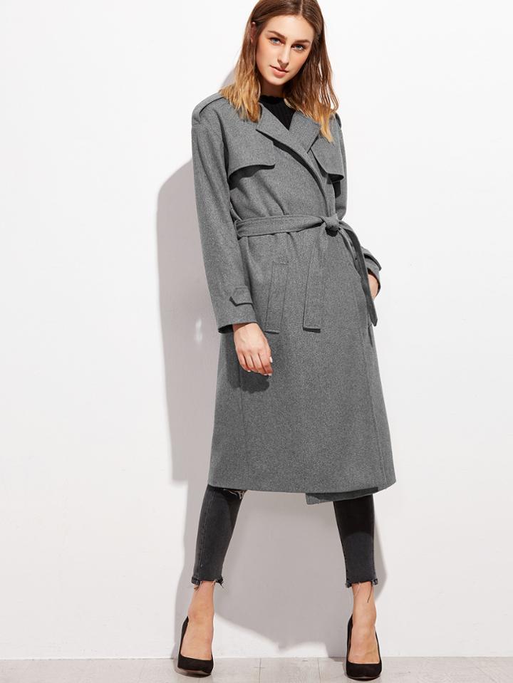 Romwe Heather Grey Collarless Wrap Coat With Gun Flap