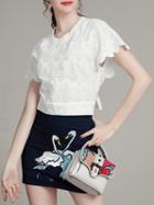 Romwe White Navy Backless Embroidered Top With Skirt