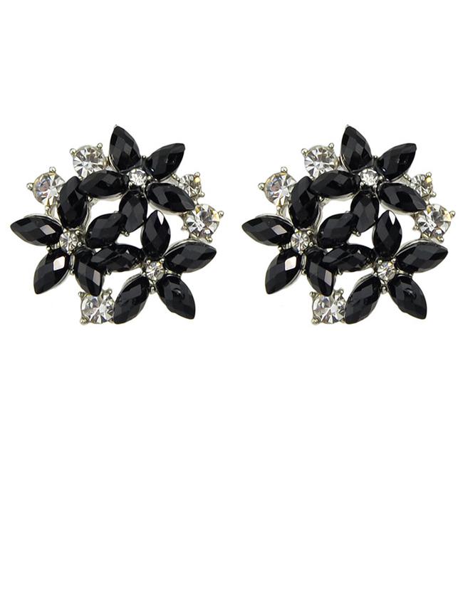 Romwe Black Rhinestone Flower Earrings
