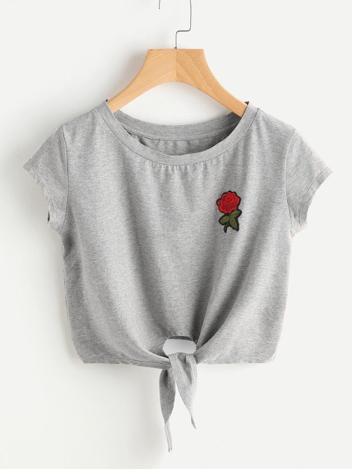 Romwe Embroidery Patch Knot Front Heathered Crop Top