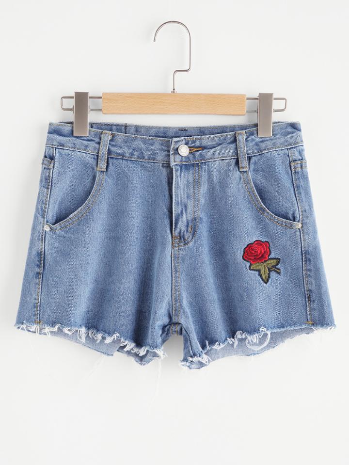 Romwe Rose Embroidered Fray Hem Chambray Shorts