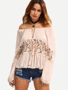Romwe Off The Shoulder Lace Up Contrast Crochet Top