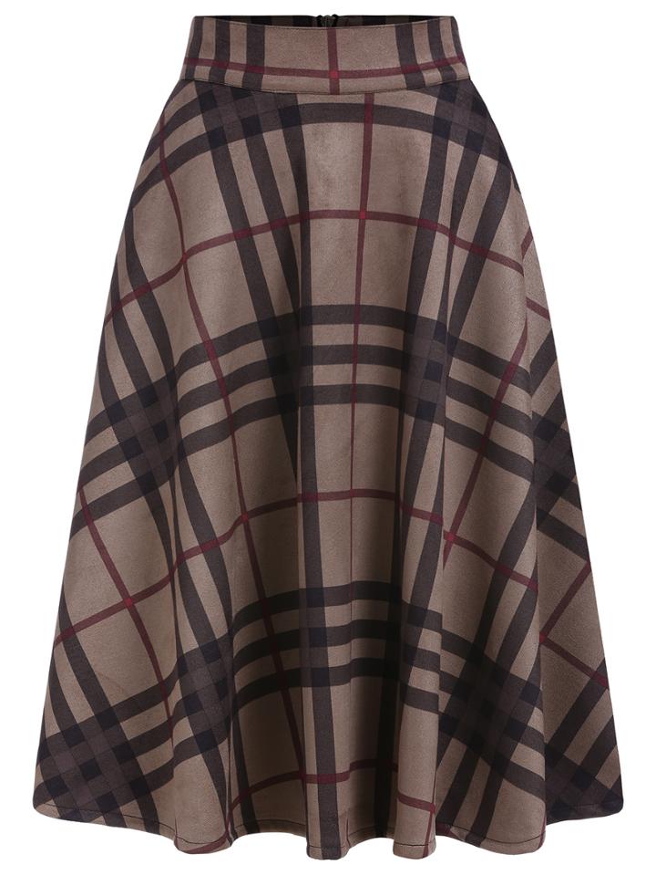 Romwe Checkered Zipper Flare Skirt