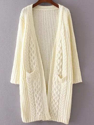 Romwe Beige Collarless Cable Knit Pocket Sweater Coat