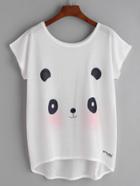 Romwe White Panda Print Dolman Sleeve Dip Hem T-shirt