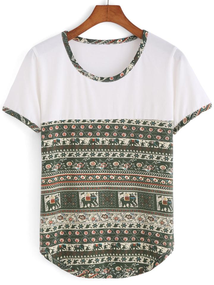 Romwe Elephant Tribal Print T-shirt