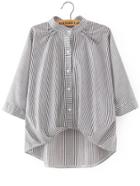 Romwe Pinstripe High Low Blouse With Bow Tie Detail
