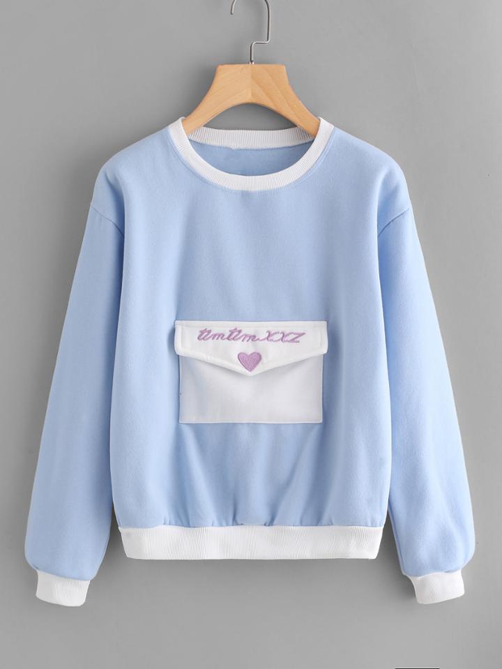 Romwe Letter Embroidered Pocket Sweatshirt