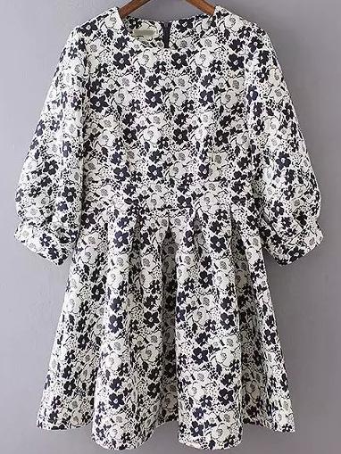 Romwe Round Neck Flower Print Zipper Pleated Dress