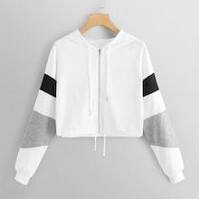 Romwe Striped Panel Zip-up Drawstring Hooded Jacket
