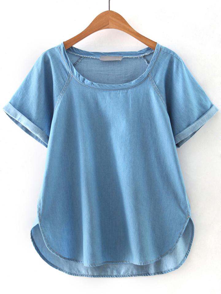Romwe Blue Short Sleeve Dip Hem Boyfriend Trends Jean Swish Denim Blouse