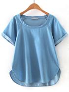 Romwe Blue Short Sleeve Dip Hem Boyfriend Trends Jean Swish Denim Blouse