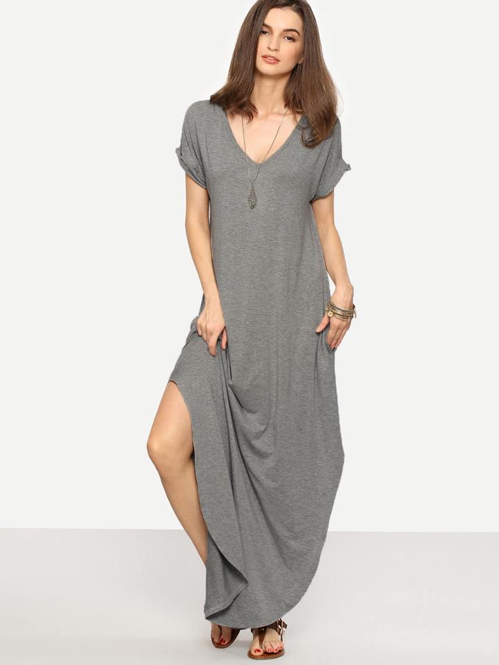 Romwe Heather Knit Rolled-cuff Pockets Side Split Dress