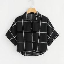 Romwe Cuffed Sleeve Dip Hem Grid Shirt