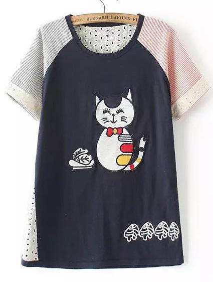 Romwe Contrast Short Sleeve Cat Print Navy T-shirt