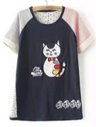 Romwe Contrast Short Sleeve Cat Print Navy T-shirt